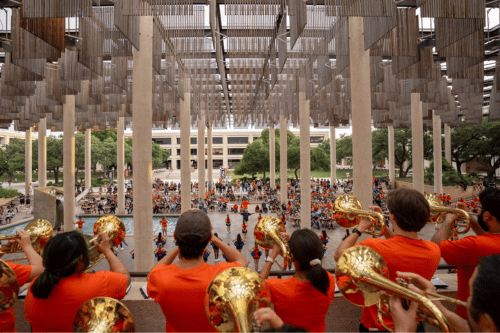 Spirit of San Antonio Marching Band performing in Sombrilla Plaza