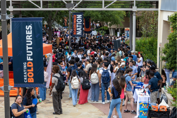 aerial of many people walking through the Get Involved Fair in the Student Union Paseo
