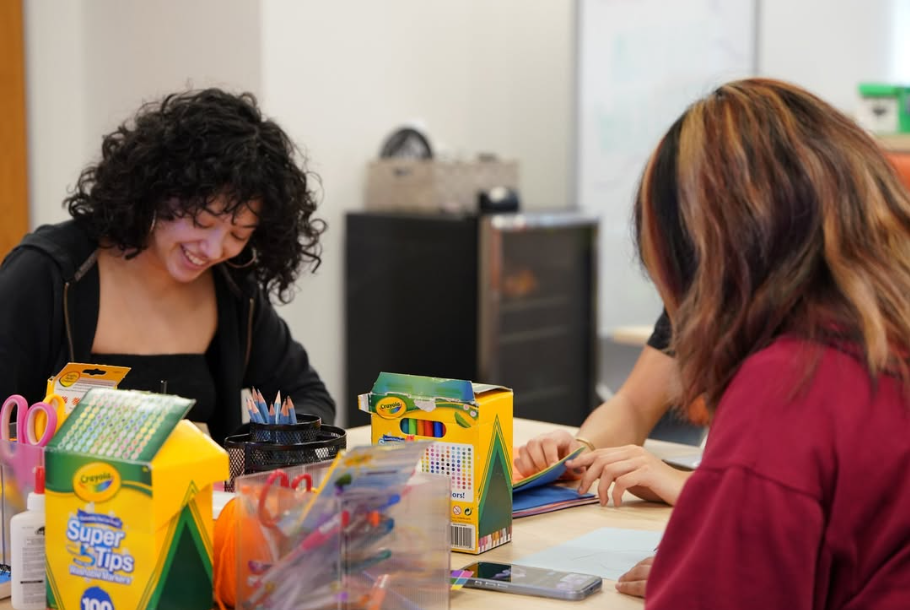 students coloring with markers