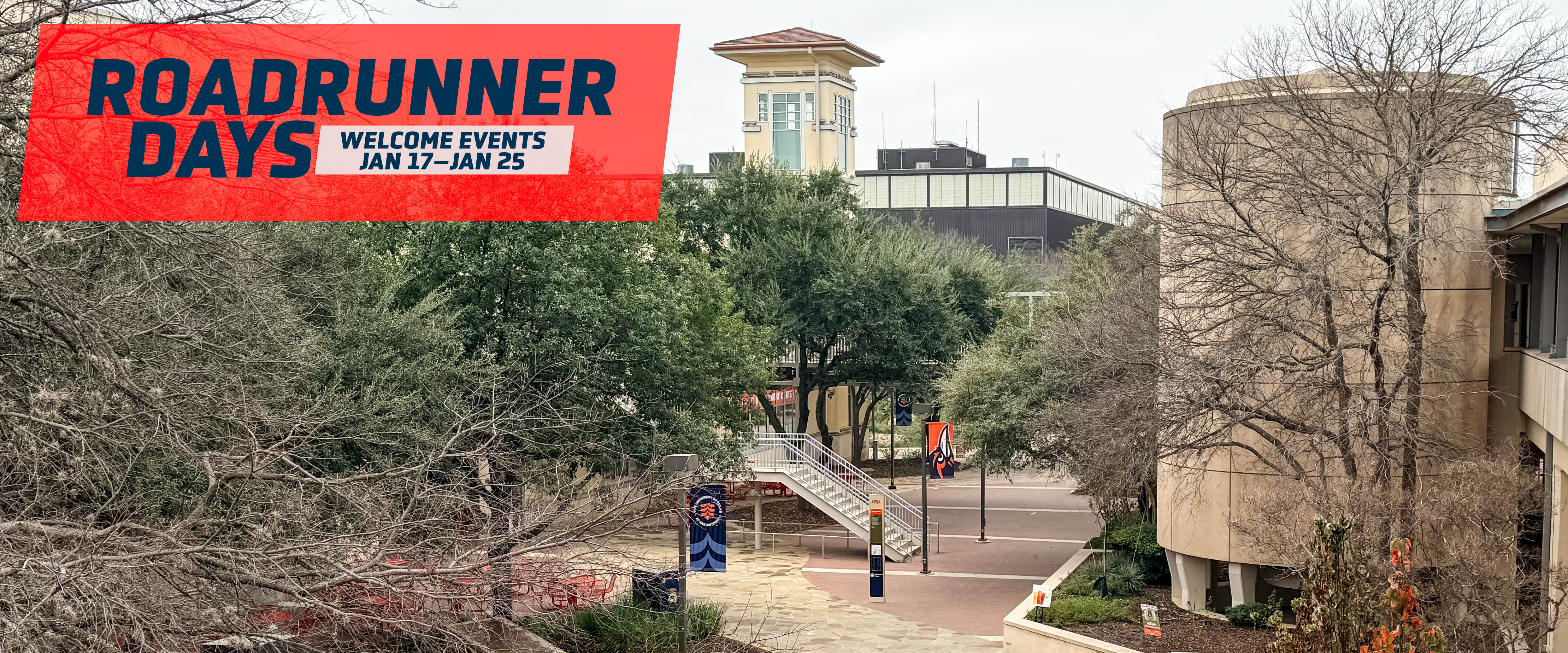 View of the Paseo with the HSU tower and Convocation Center - Roadrunner Days Welcome Events January 17-25