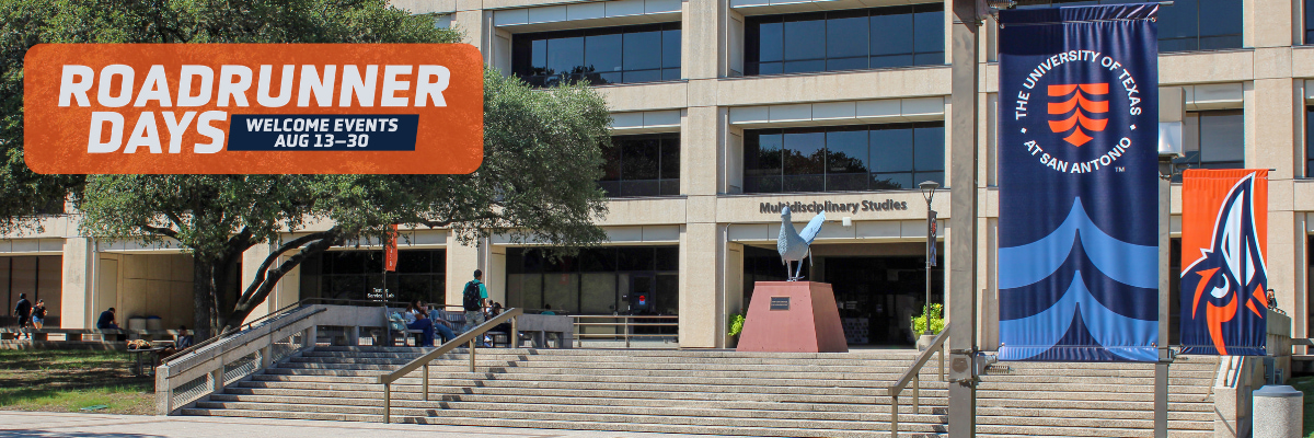 Roadrunner Days welcome events graphic over UT San Antonio campus